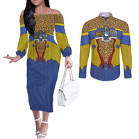 Swaziland Couples Matching Off The Shoulder Long Sleeve Dress and Long Sleeve Button Shirt Coat of Arms Lion Elephant Shield Leopard Print Design