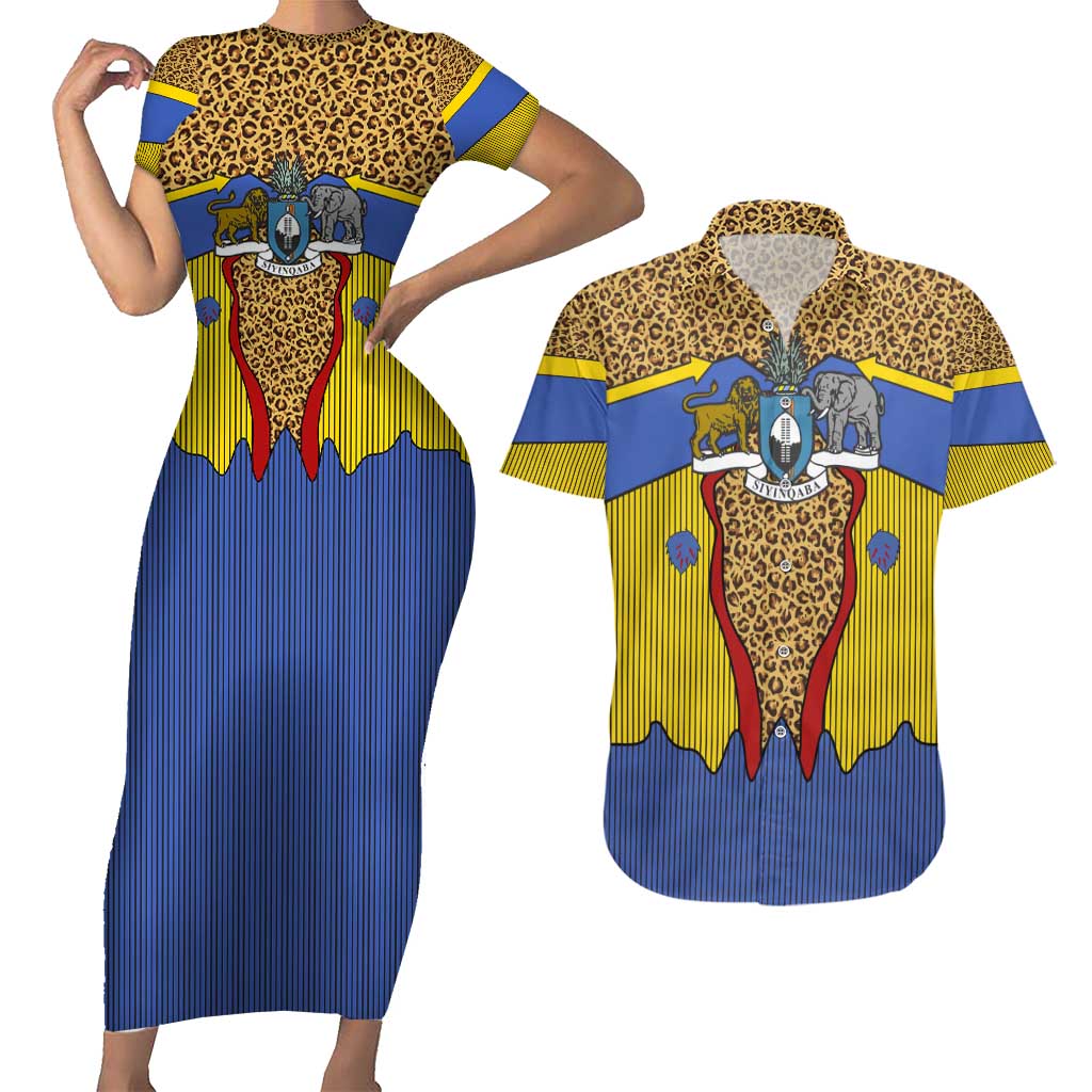 Swaziland Couples Matching Short Sleeve Bodycon Dress and Hawaiian Shirt Coat of Arms Lion Elephant Shield Leopard Print Design