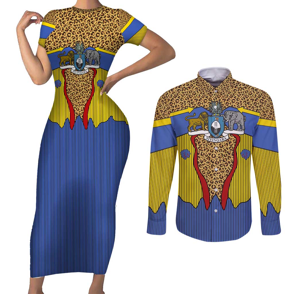 Swaziland Couples Matching Short Sleeve Bodycon Dress and Long Sleeve Button Shirt Coat of Arms Lion Elephant Shield Leopard Print Design