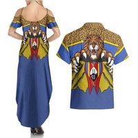 Swaziland Couples Matching Summer Maxi Dress and Hawaiian Shirt Coat of Arms Lion Elephant Shield Leopard Print Design