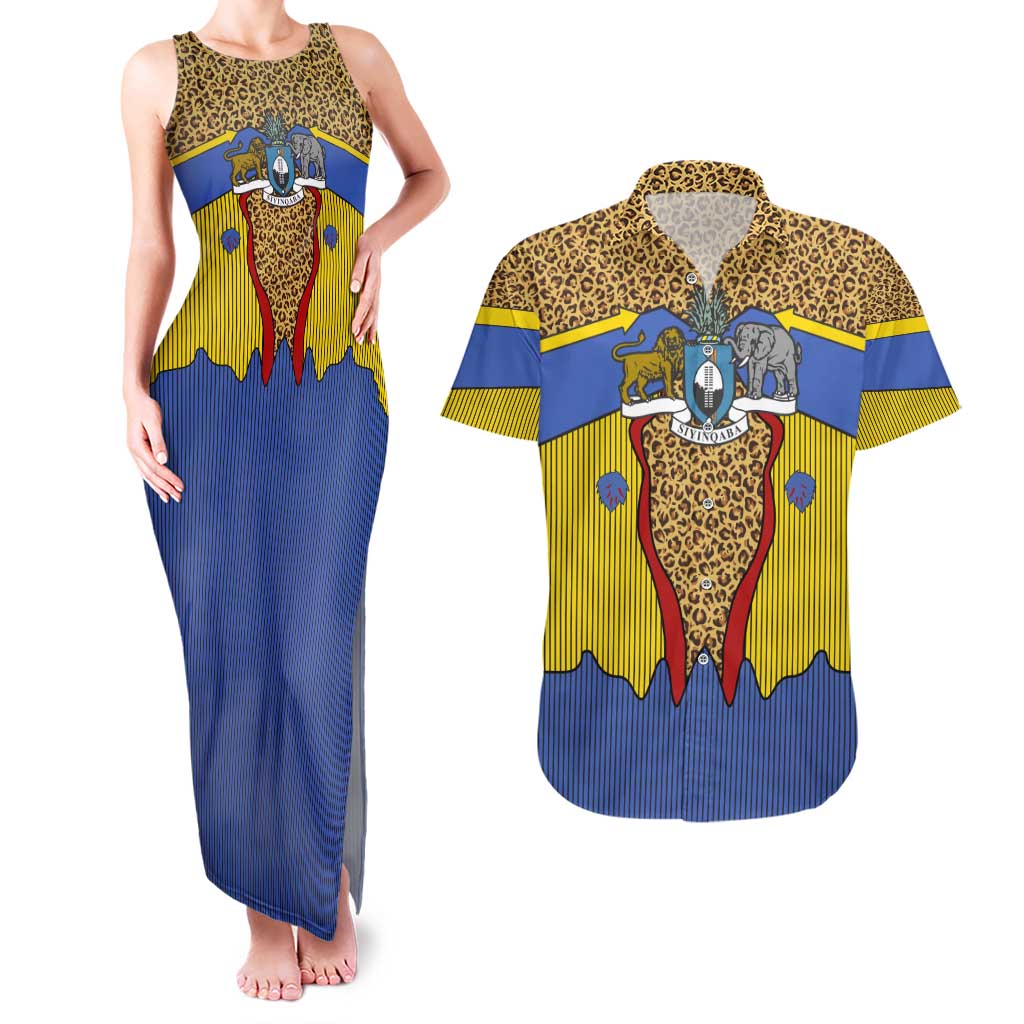 Swaziland Couples Matching Tank Maxi Dress and Hawaiian Shirt Coat of Arms Lion Elephant Shield Leopard Print Design