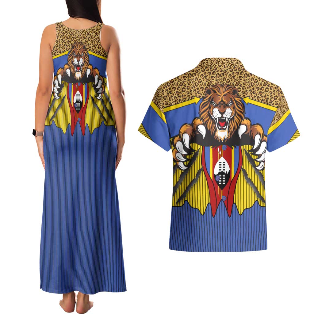 Swaziland Couples Matching Tank Maxi Dress and Hawaiian Shirt Coat of Arms Lion Elephant Shield Leopard Print Design