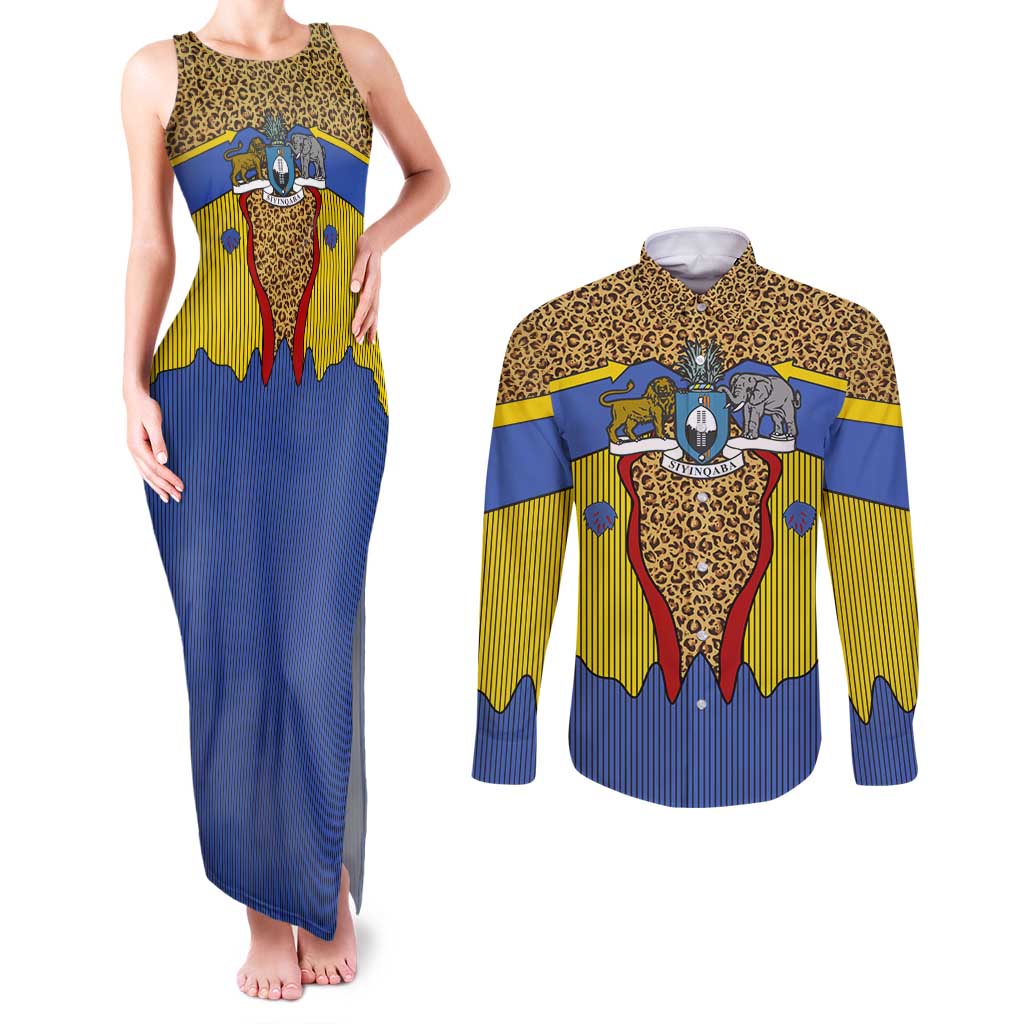 Swaziland Couples Matching Tank Maxi Dress and Long Sleeve Button Shirt Coat of Arms Lion Elephant Shield Leopard Print Design