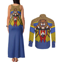 Swaziland Couples Matching Tank Maxi Dress and Long Sleeve Button Shirt Coat of Arms Lion Elephant Shield Leopard Print Design