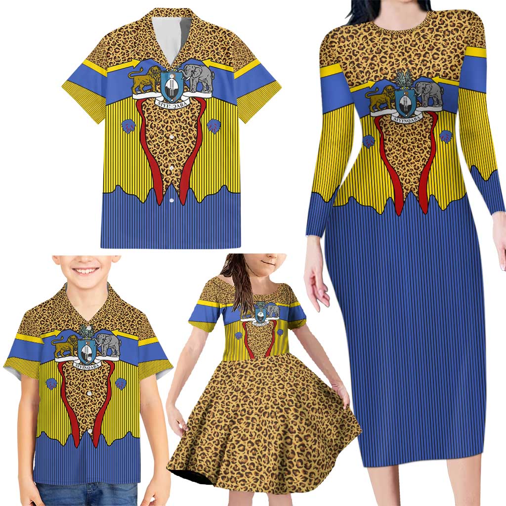 Swaziland Family Matching Long Sleeve Bodycon Dress and Hawaiian Shirt Coat of Arms Lion Elephant Shield Leopard Print Design