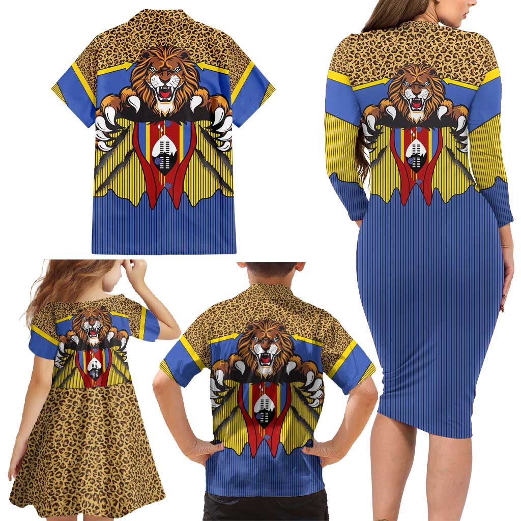 Swaziland Family Matching Long Sleeve Bodycon Dress and Hawaiian Shirt Coat of Arms Lion Elephant Shield Leopard Print Design