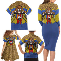 Swaziland Family Matching Long Sleeve Bodycon Dress and Hawaiian Shirt Coat of Arms Lion Elephant Shield Leopard Print Design