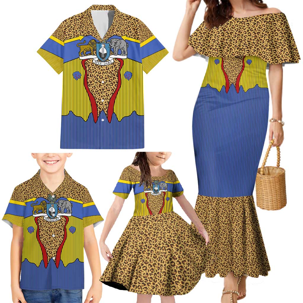 Swaziland Family Matching Mermaid Dress and Hawaiian Shirt Coat of Arms Lion Elephant Shield Leopard Print Design