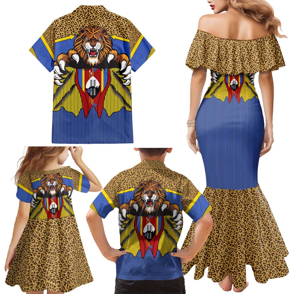 Swaziland Family Matching Mermaid Dress and Hawaiian Shirt Coat of Arms Lion Elephant Shield Leopard Print Design