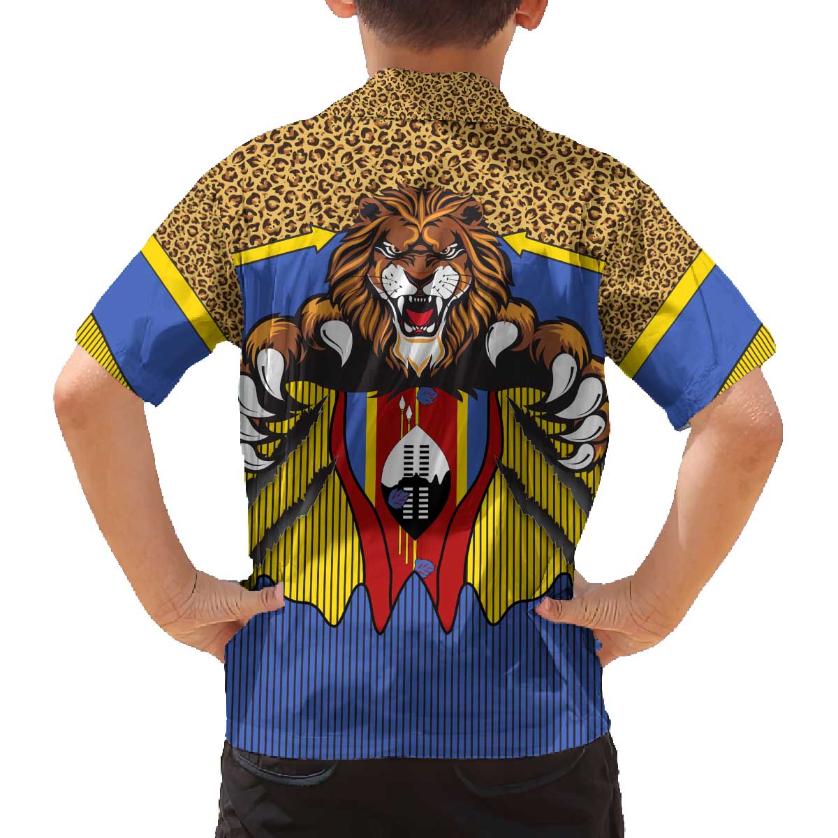 Swaziland Family Matching Off The Shoulder Long Sleeve Dress and Hawaiian Shirt Coat of Arms Lion Elephant Shield Leopard Print Design