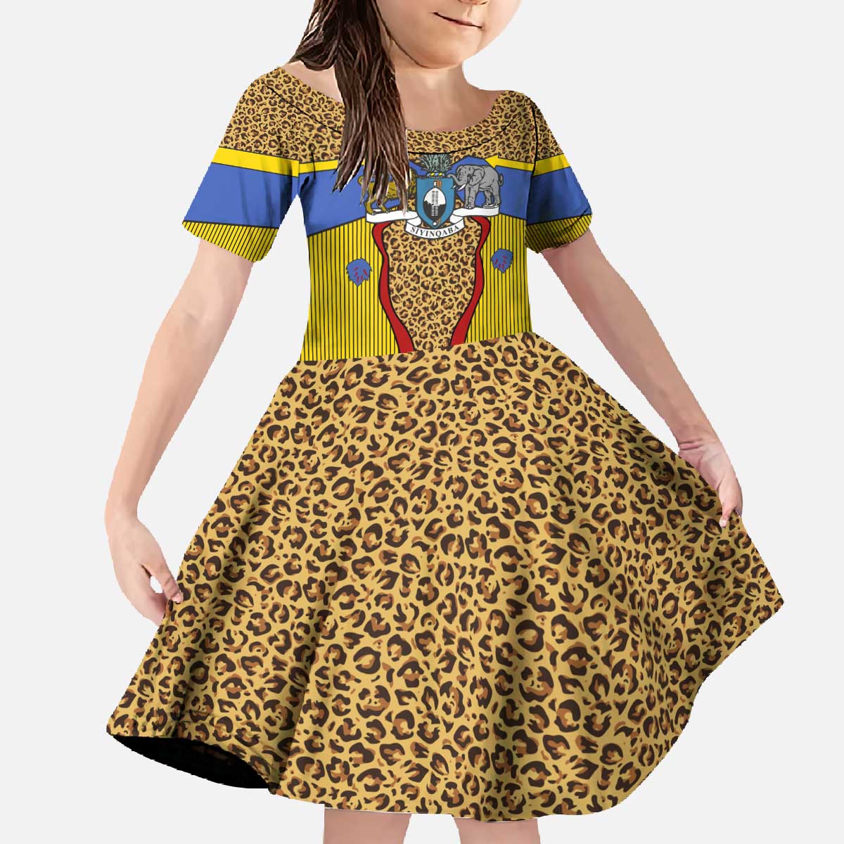 Swaziland Family Matching Off The Shoulder Long Sleeve Dress and Hawaiian Shirt Coat of Arms Lion Elephant Shield Leopard Print Design