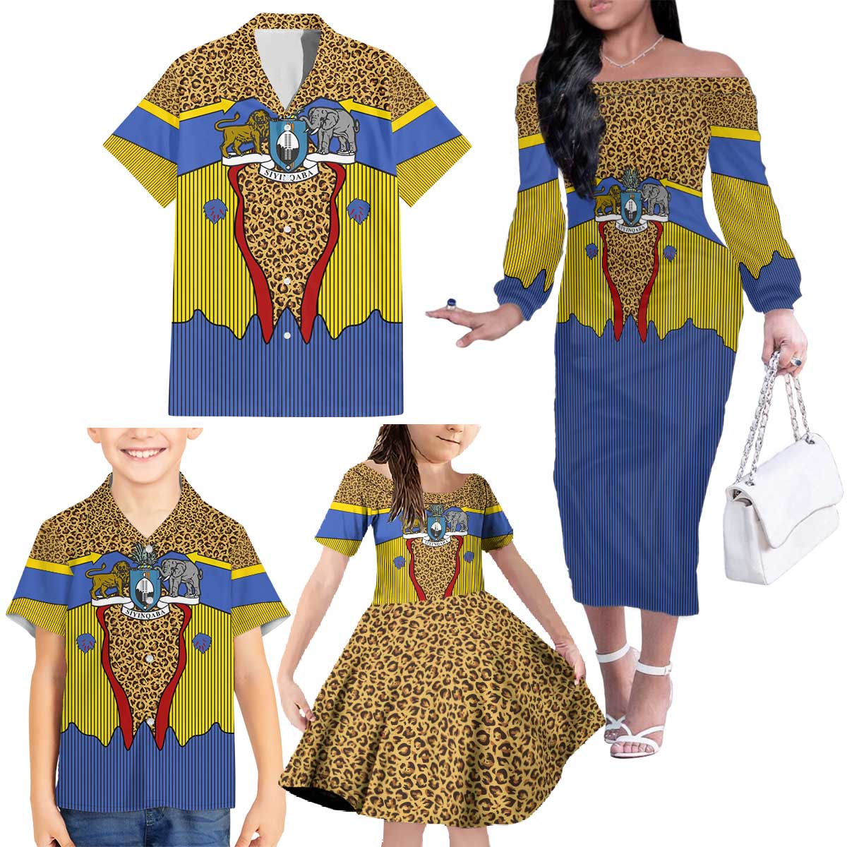 Swaziland Family Matching Off The Shoulder Long Sleeve Dress and Hawaiian Shirt Coat of Arms Lion Elephant Shield Leopard Print Design