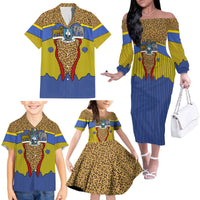 Swaziland Family Matching Off The Shoulder Long Sleeve Dress and Hawaiian Shirt Coat of Arms Lion Elephant Shield Leopard Print Design