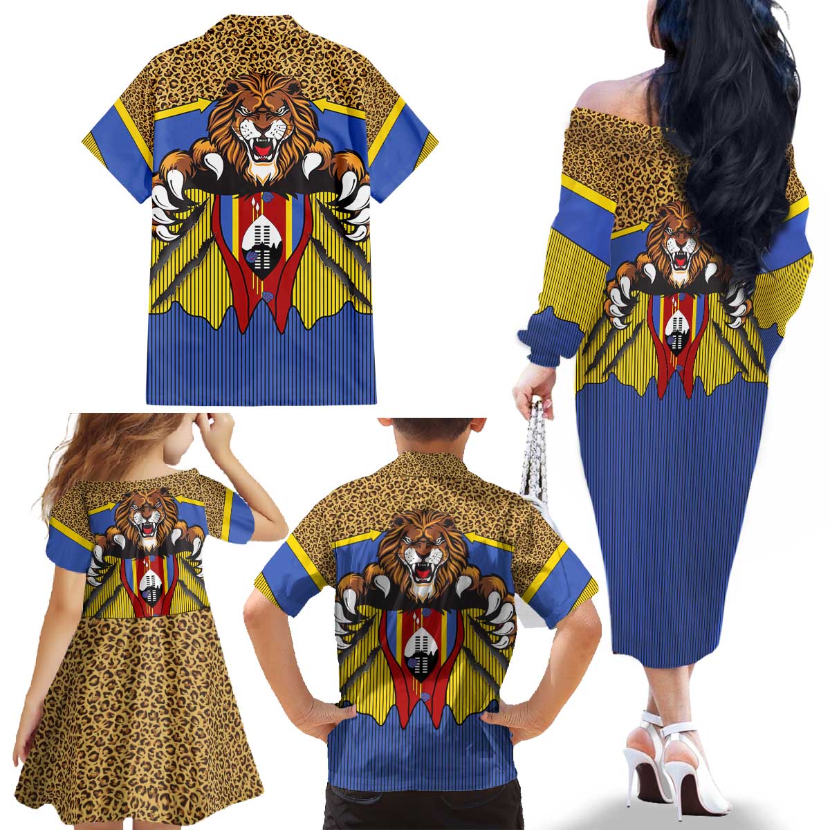 Swaziland Family Matching Off The Shoulder Long Sleeve Dress and Hawaiian Shirt Coat of Arms Lion Elephant Shield Leopard Print Design