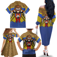 Swaziland Family Matching Off The Shoulder Long Sleeve Dress and Hawaiian Shirt Coat of Arms Lion Elephant Shield Leopard Print Design