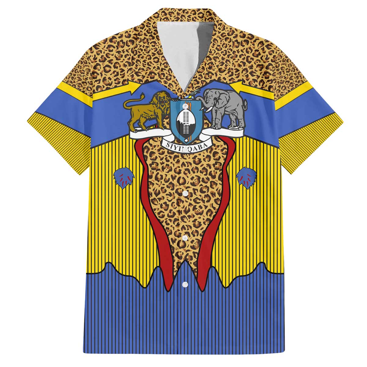 Swaziland Family Matching Off The Shoulder Long Sleeve Dress and Hawaiian Shirt Coat of Arms Lion Elephant Shield Leopard Print Design