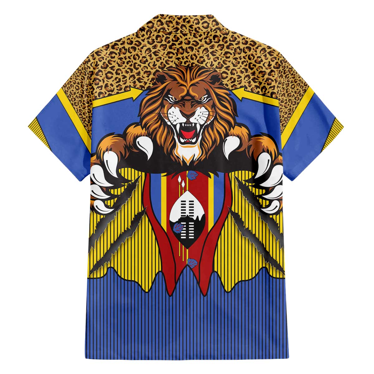Swaziland Family Matching Off The Shoulder Long Sleeve Dress and Hawaiian Shirt Coat of Arms Lion Elephant Shield Leopard Print Design