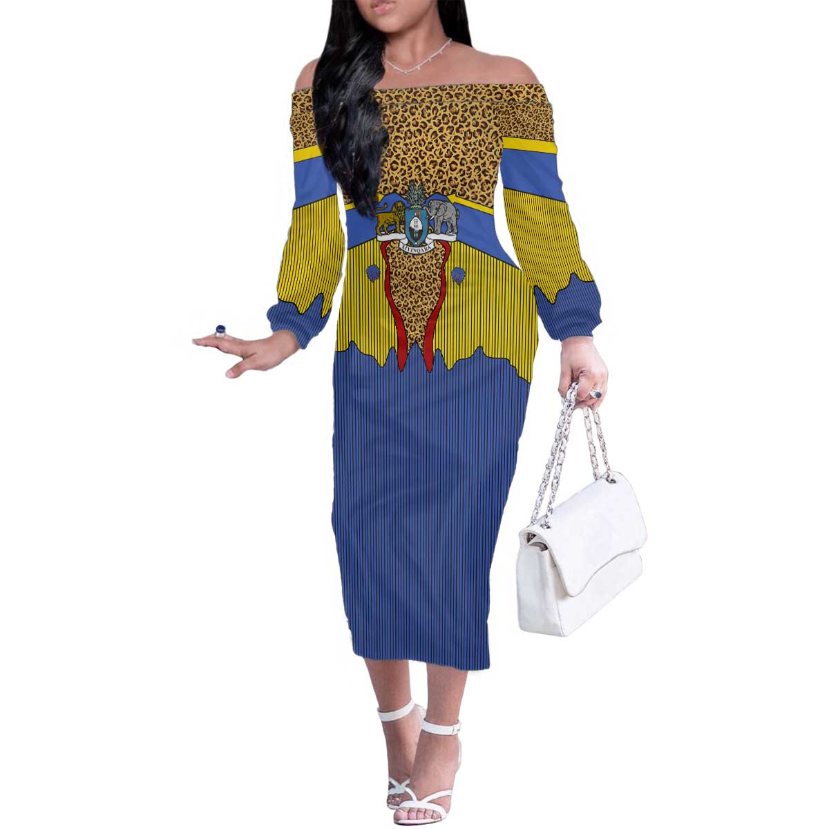 Swaziland Family Matching Off The Shoulder Long Sleeve Dress and Hawaiian Shirt Coat of Arms Lion Elephant Shield Leopard Print Design
