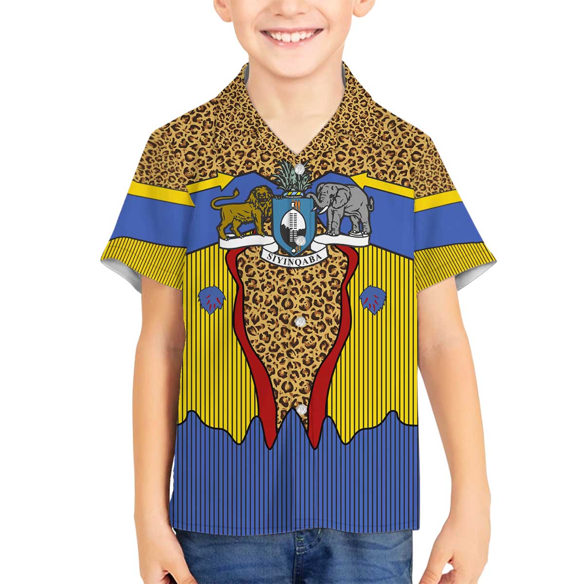 Swaziland Family Matching Off The Shoulder Long Sleeve Dress and Hawaiian Shirt Coat of Arms Lion Elephant Shield Leopard Print Design
