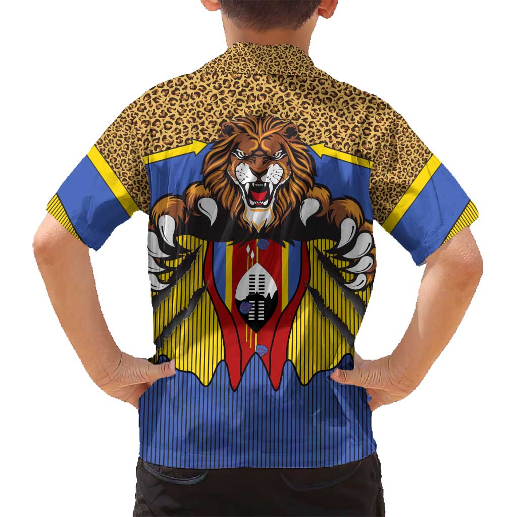 Swaziland Family Matching Off Shoulder Maxi Dress and Hawaiian Shirt Coat of Arms Lion Elephant Shield Leopard Print Design