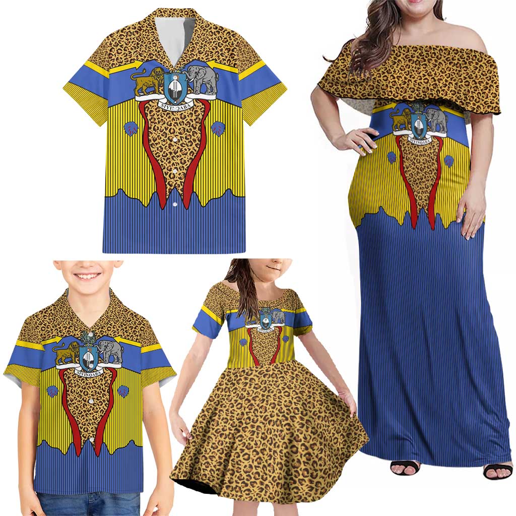Swaziland Family Matching Off Shoulder Maxi Dress and Hawaiian Shirt Coat of Arms Lion Elephant Shield Leopard Print Design