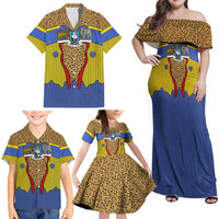 Swaziland Family Matching Off Shoulder Maxi Dress and Hawaiian Shirt Coat of Arms Lion Elephant Shield Leopard Print Design