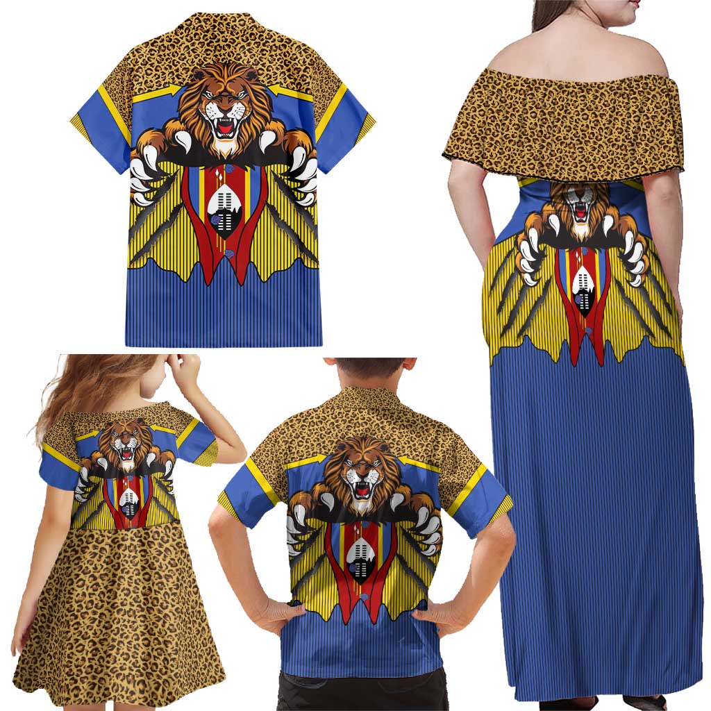 Swaziland Family Matching Off Shoulder Maxi Dress and Hawaiian Shirt Coat of Arms Lion Elephant Shield Leopard Print Design