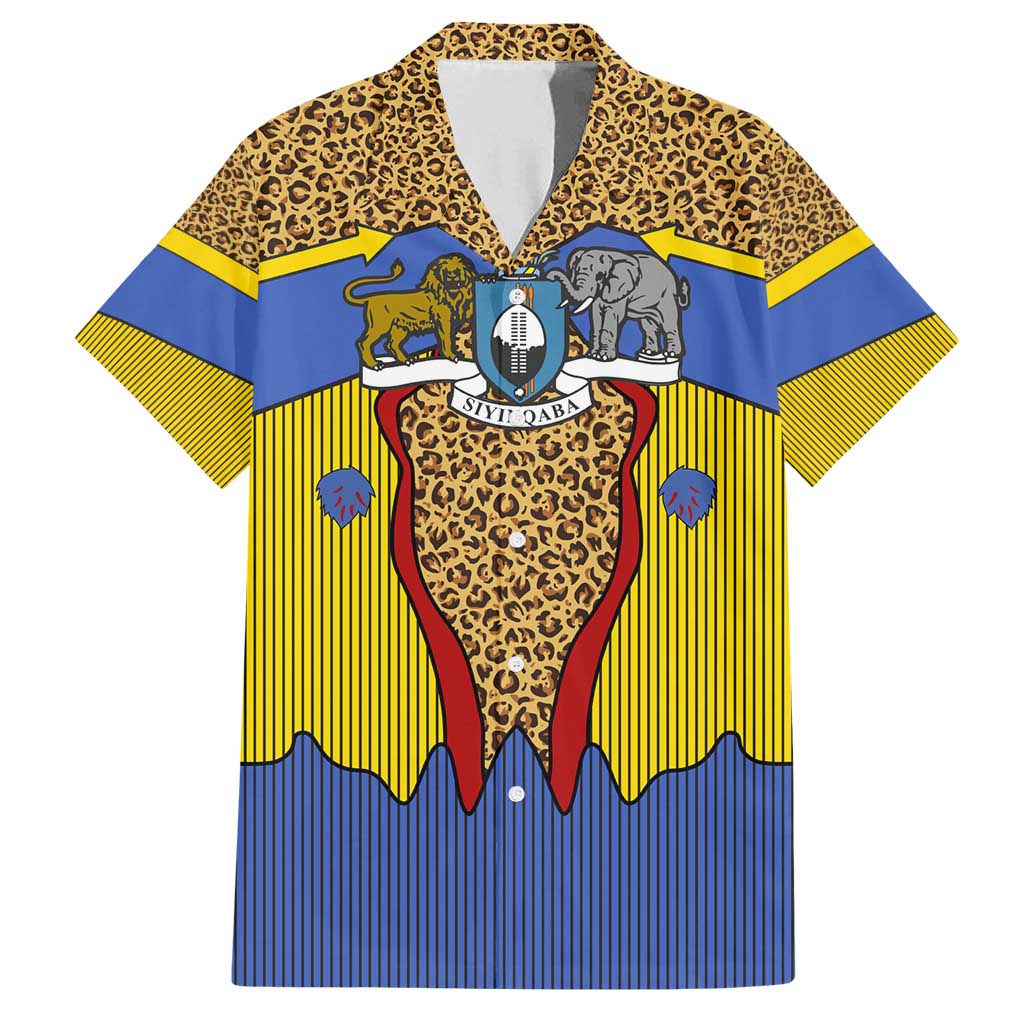 Swaziland Family Matching Off Shoulder Maxi Dress and Hawaiian Shirt Coat of Arms Lion Elephant Shield Leopard Print Design