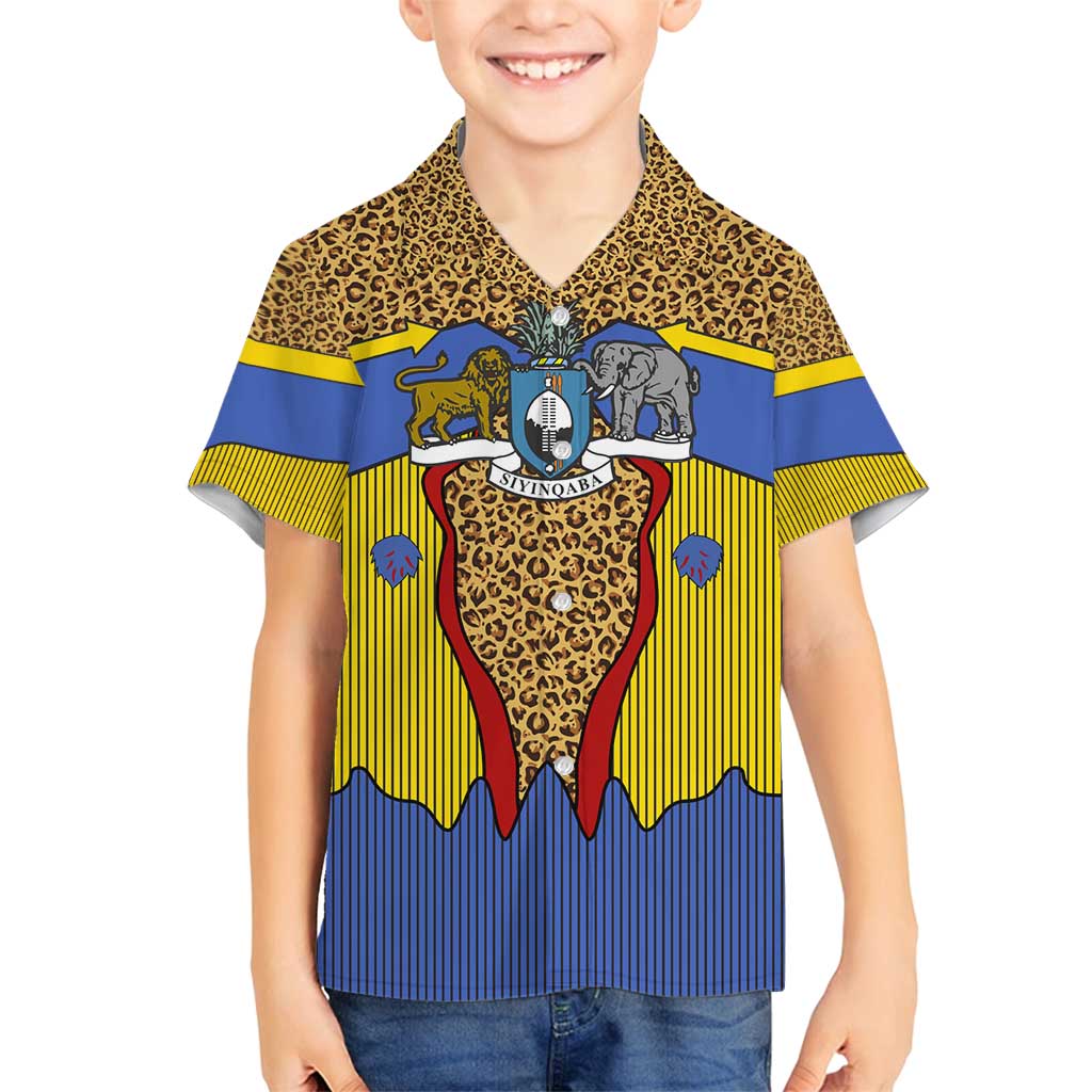 Swaziland Family Matching Off Shoulder Maxi Dress and Hawaiian Shirt Coat of Arms Lion Elephant Shield Leopard Print Design