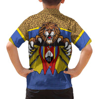 Swaziland Family Matching Off Shoulder Short Dress and Hawaiian Shirt Coat of Arms Lion Elephant Shield Leopard Print Design