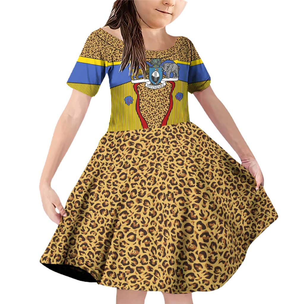 Swaziland Family Matching Off Shoulder Short Dress and Hawaiian Shirt Coat of Arms Lion Elephant Shield Leopard Print Design