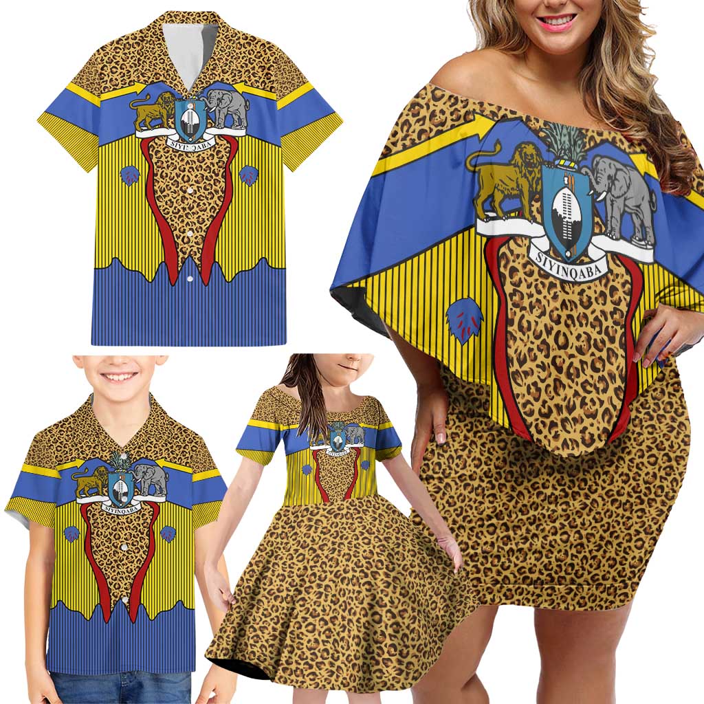 Swaziland Family Matching Off Shoulder Short Dress and Hawaiian Shirt Coat of Arms Lion Elephant Shield Leopard Print Design