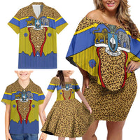 Swaziland Family Matching Off Shoulder Short Dress and Hawaiian Shirt Coat of Arms Lion Elephant Shield Leopard Print Design