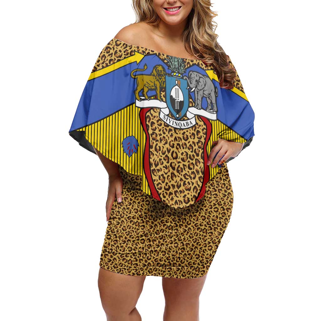 Swaziland Family Matching Off Shoulder Short Dress and Hawaiian Shirt Coat of Arms Lion Elephant Shield Leopard Print Design