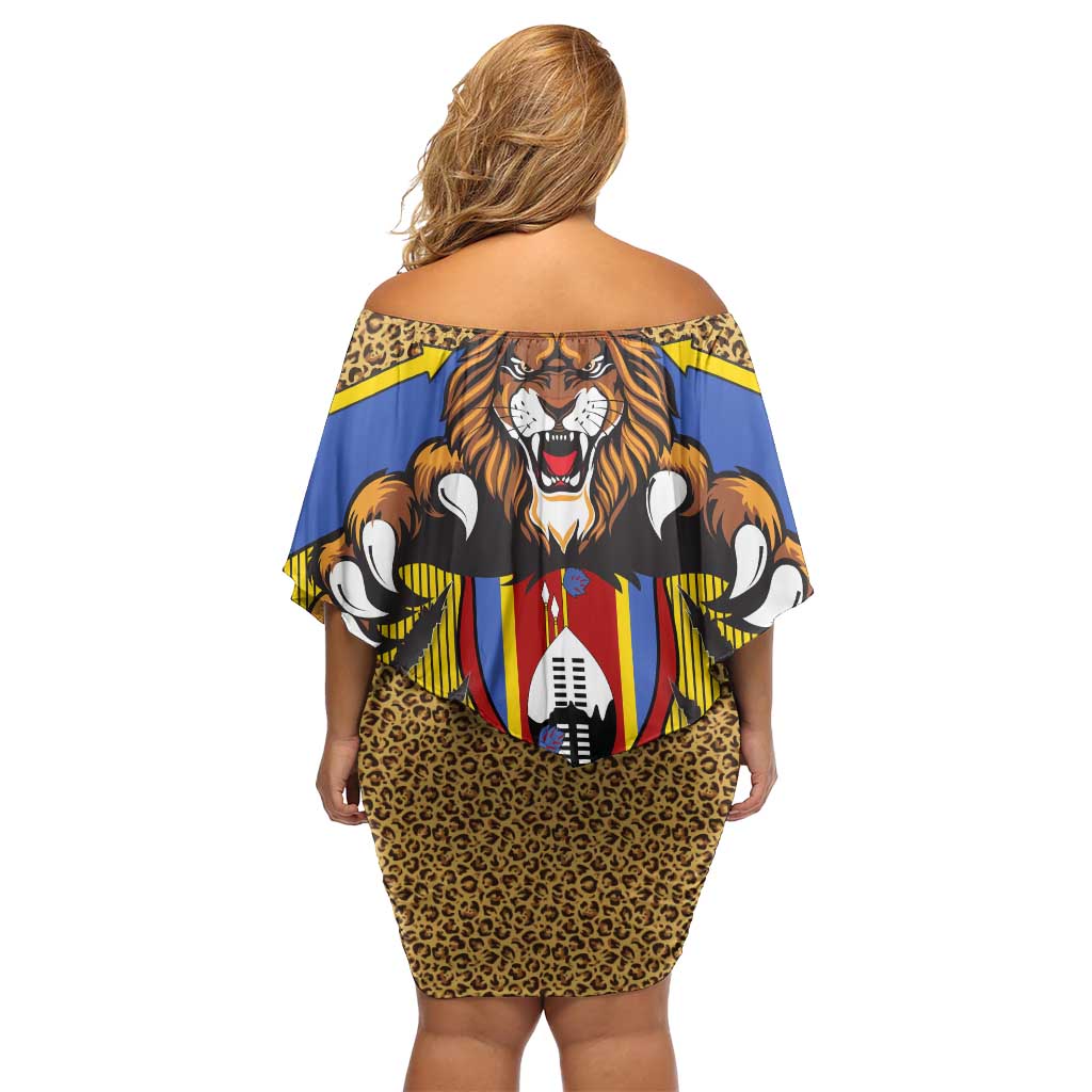 Swaziland Family Matching Off Shoulder Short Dress and Hawaiian Shirt Coat of Arms Lion Elephant Shield Leopard Print Design