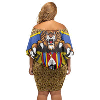 Swaziland Family Matching Off Shoulder Short Dress and Hawaiian Shirt Coat of Arms Lion Elephant Shield Leopard Print Design