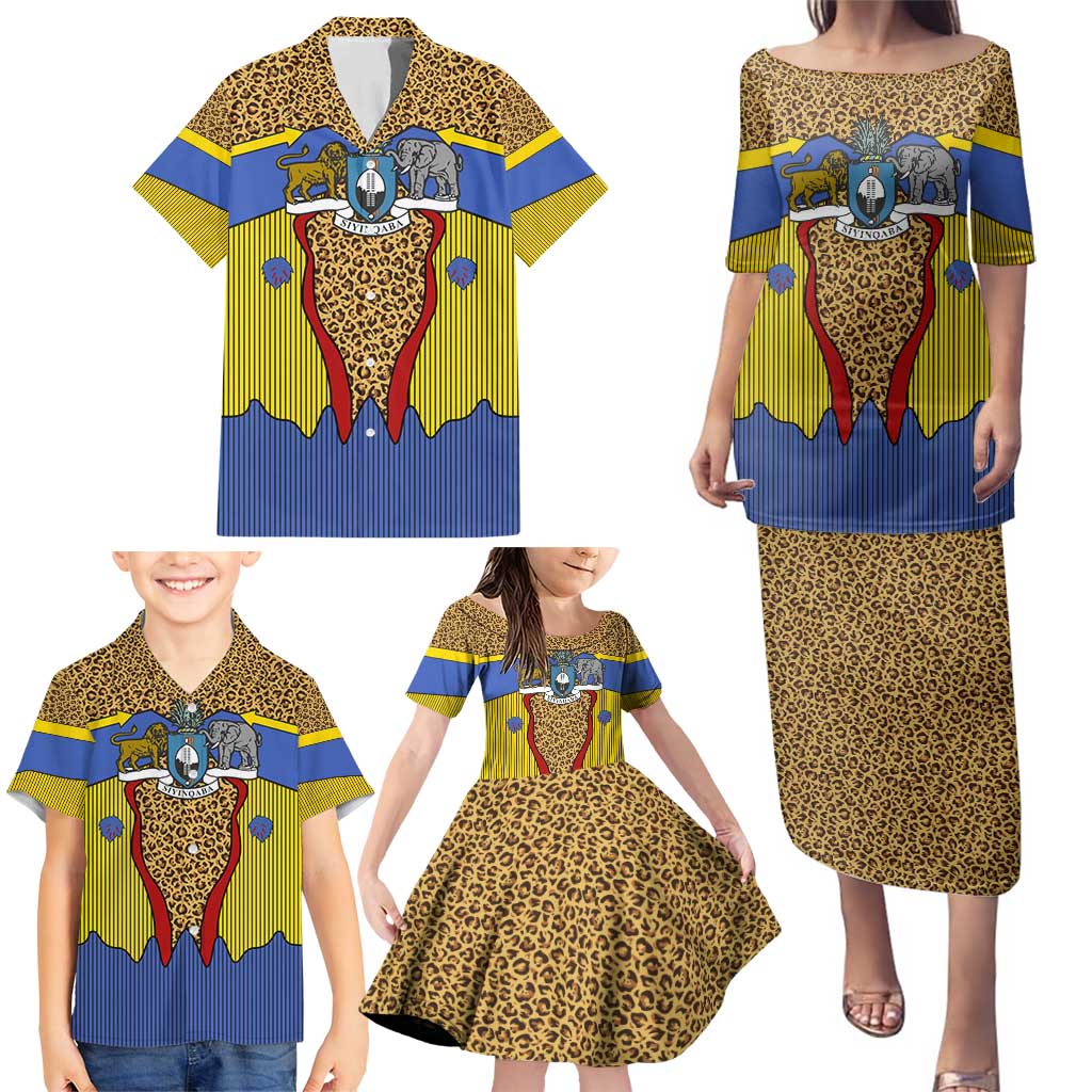 Swaziland Family Matching Puletasi and Hawaiian Shirt Coat of Arms Lion Elephant Shield Leopard Print Design