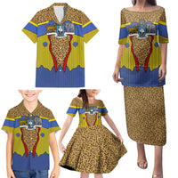 Swaziland Family Matching Puletasi and Hawaiian Shirt Coat of Arms Lion Elephant Shield Leopard Print Design