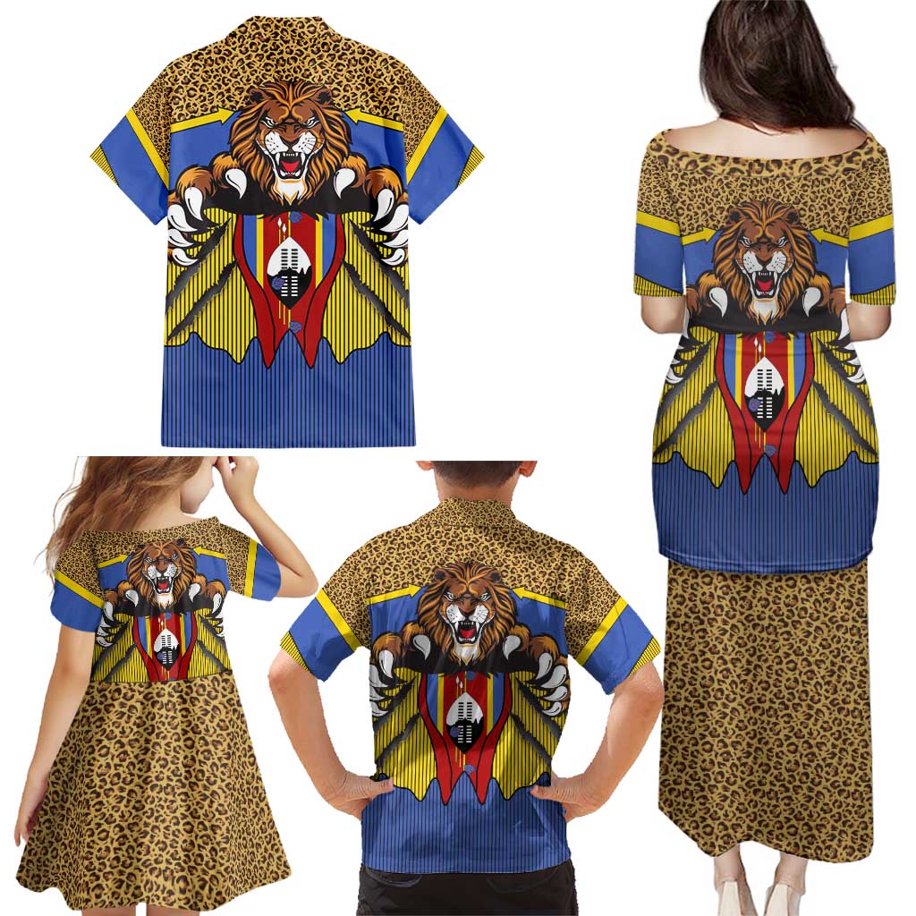 Swaziland Family Matching Puletasi and Hawaiian Shirt Coat of Arms Lion Elephant Shield Leopard Print Design