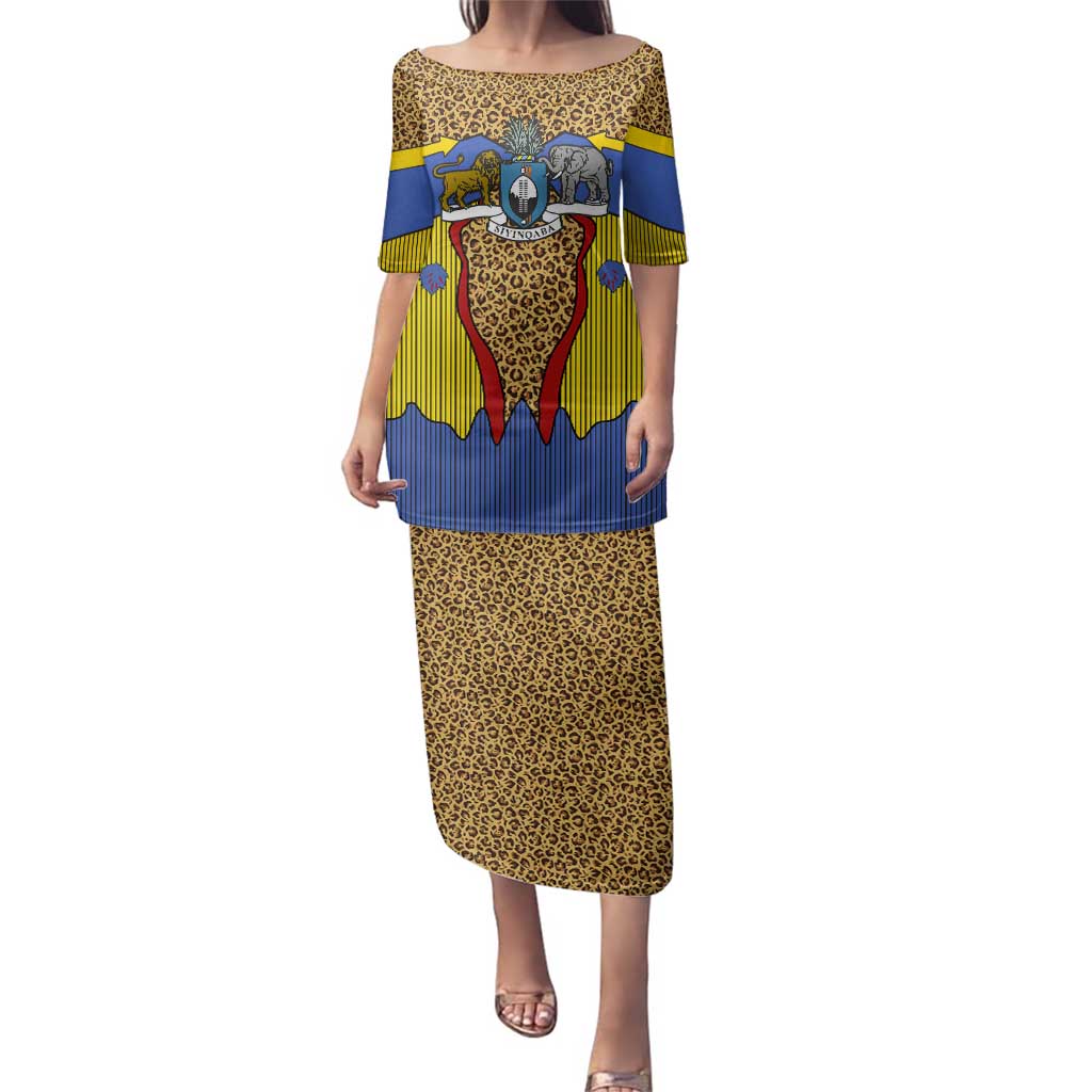 Swaziland Family Matching Puletasi and Hawaiian Shirt Coat of Arms Lion Elephant Shield Leopard Print Design