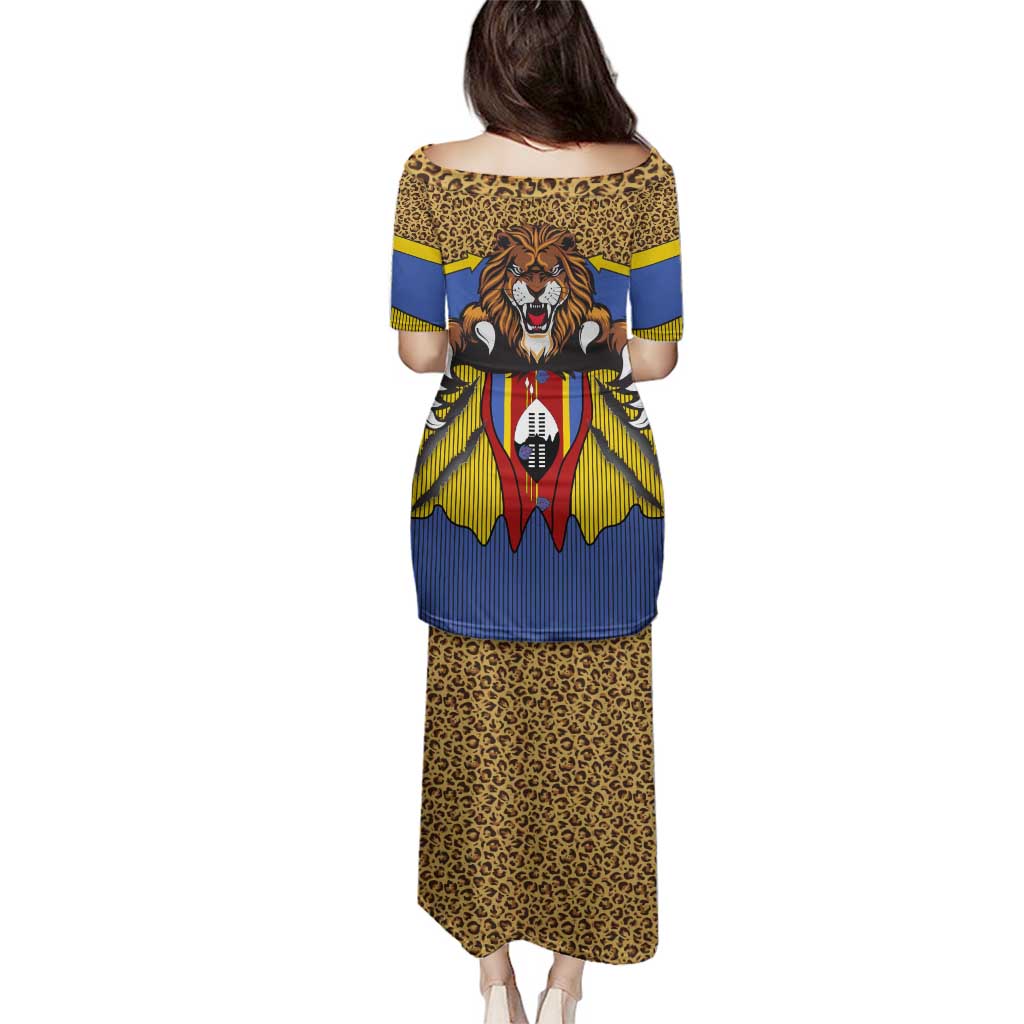 Swaziland Family Matching Puletasi and Hawaiian Shirt Coat of Arms Lion Elephant Shield Leopard Print Design
