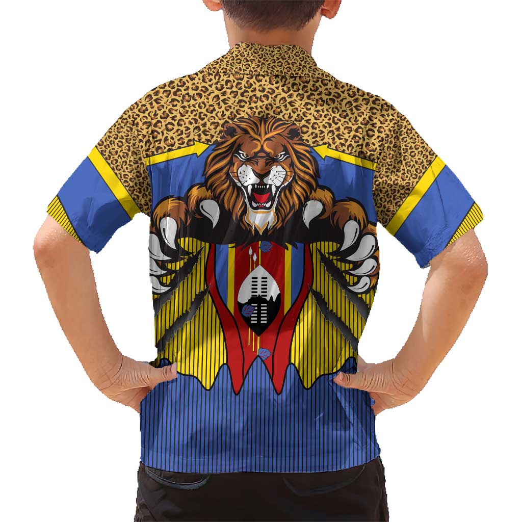 Swaziland Family Matching Short Sleeve Bodycon Dress and Hawaiian Shirt Coat of Arms Lion Elephant Shield Leopard Print Design