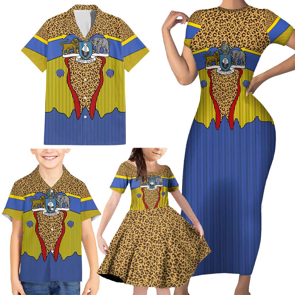 Swaziland Family Matching Short Sleeve Bodycon Dress and Hawaiian Shirt Coat of Arms Lion Elephant Shield Leopard Print Design