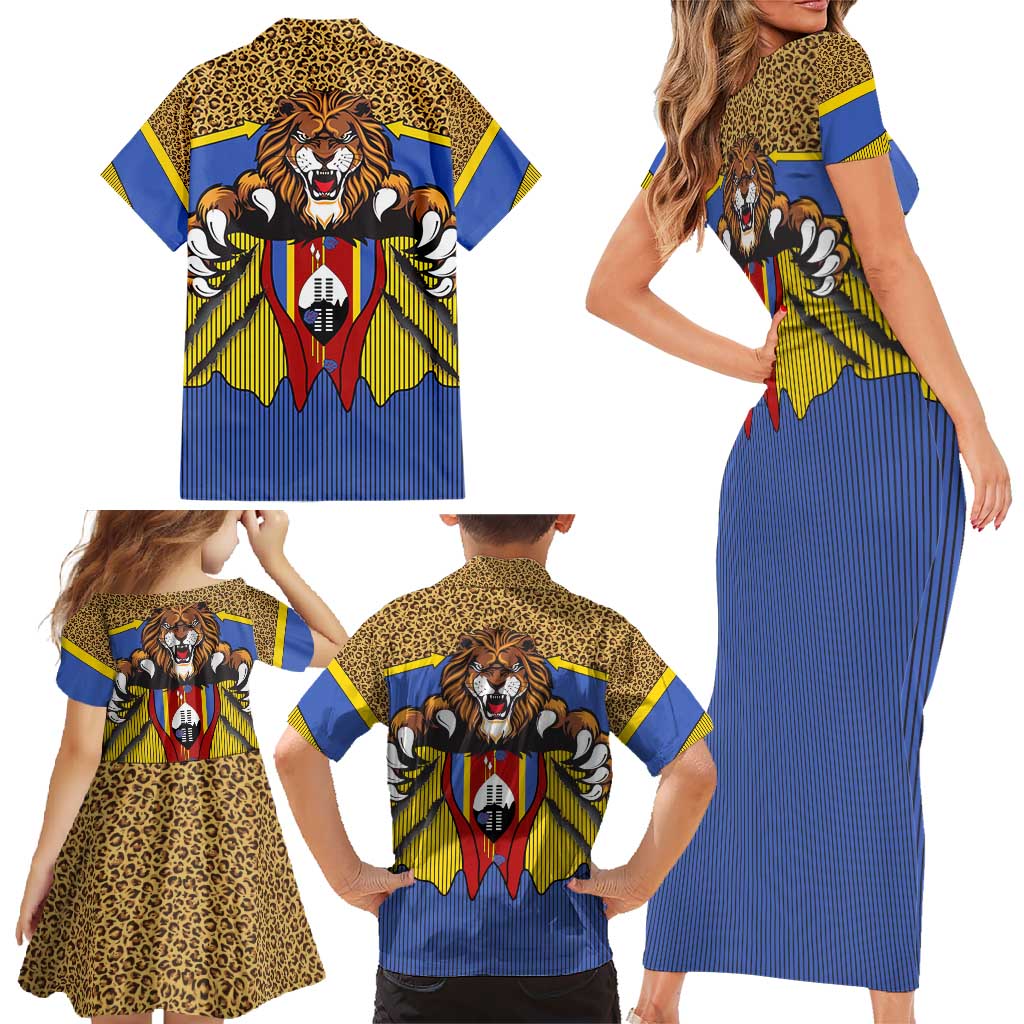 Swaziland Family Matching Short Sleeve Bodycon Dress and Hawaiian Shirt Coat of Arms Lion Elephant Shield Leopard Print Design