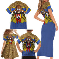 Swaziland Family Matching Short Sleeve Bodycon Dress and Hawaiian Shirt Coat of Arms Lion Elephant Shield Leopard Print Design