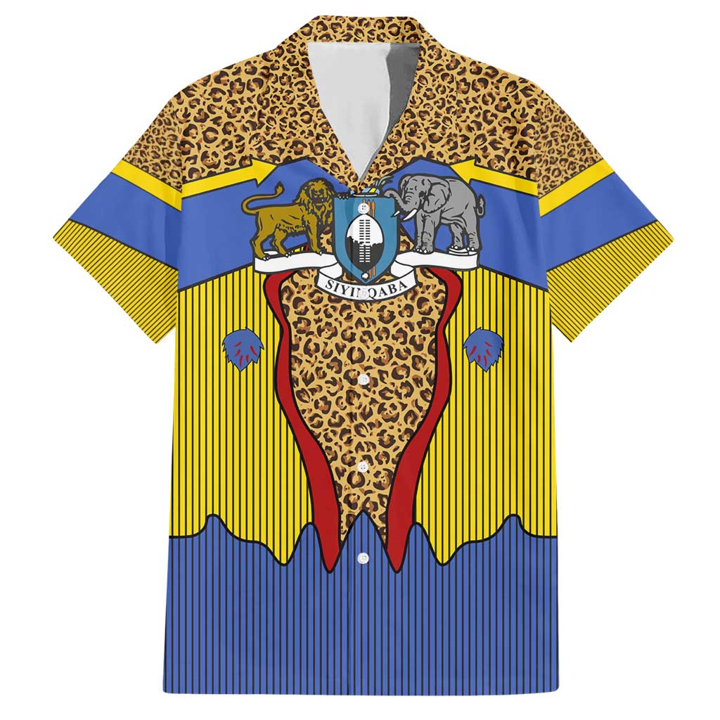 Swaziland Family Matching Short Sleeve Bodycon Dress and Hawaiian Shirt Coat of Arms Lion Elephant Shield Leopard Print Design