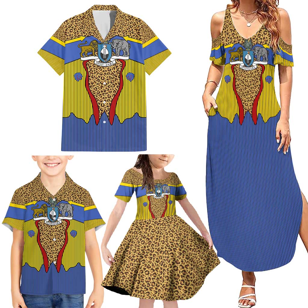 Swaziland Family Matching Summer Maxi Dress and Hawaiian Shirt Coat of Arms Lion Elephant Shield Leopard Print Design