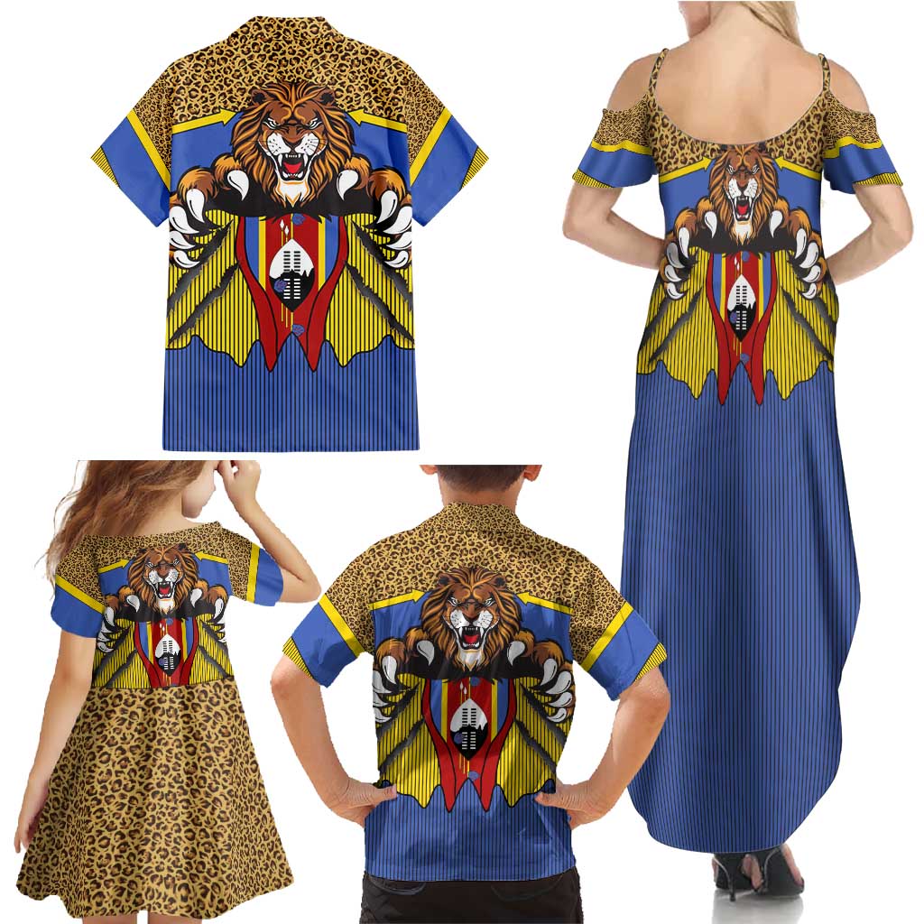 Swaziland Family Matching Summer Maxi Dress and Hawaiian Shirt Coat of Arms Lion Elephant Shield Leopard Print Design