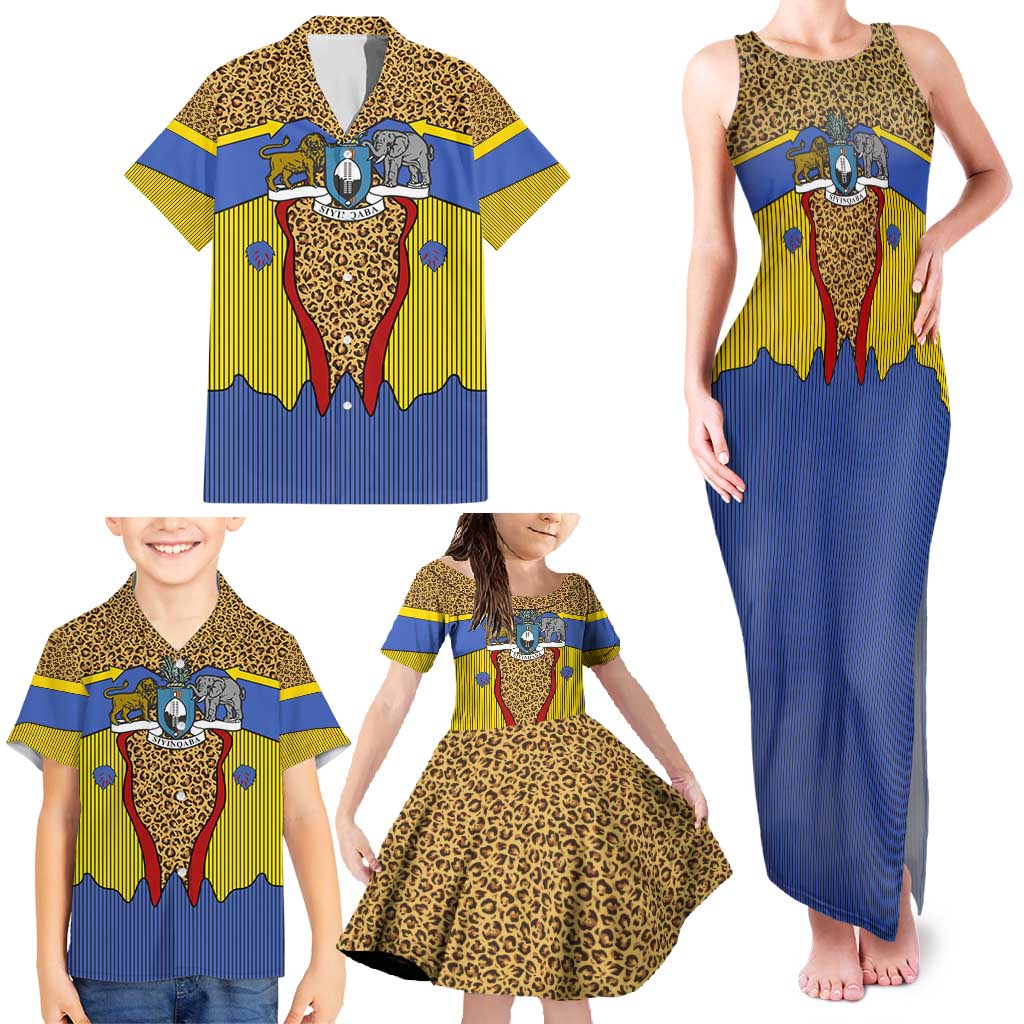 Swaziland Family Matching Tank Maxi Dress and Hawaiian Shirt Coat of Arms Lion Elephant Shield Leopard Print Design