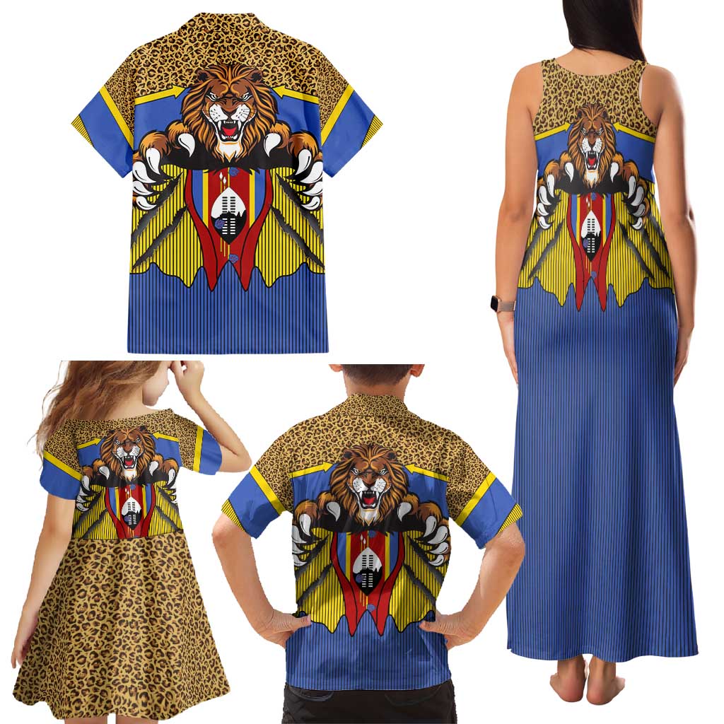 Swaziland Family Matching Tank Maxi Dress and Hawaiian Shirt Coat of Arms Lion Elephant Shield Leopard Print Design